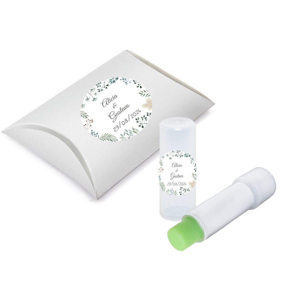 Bálsamo labial de aloe vera personalizado con cajita plateada para regalar