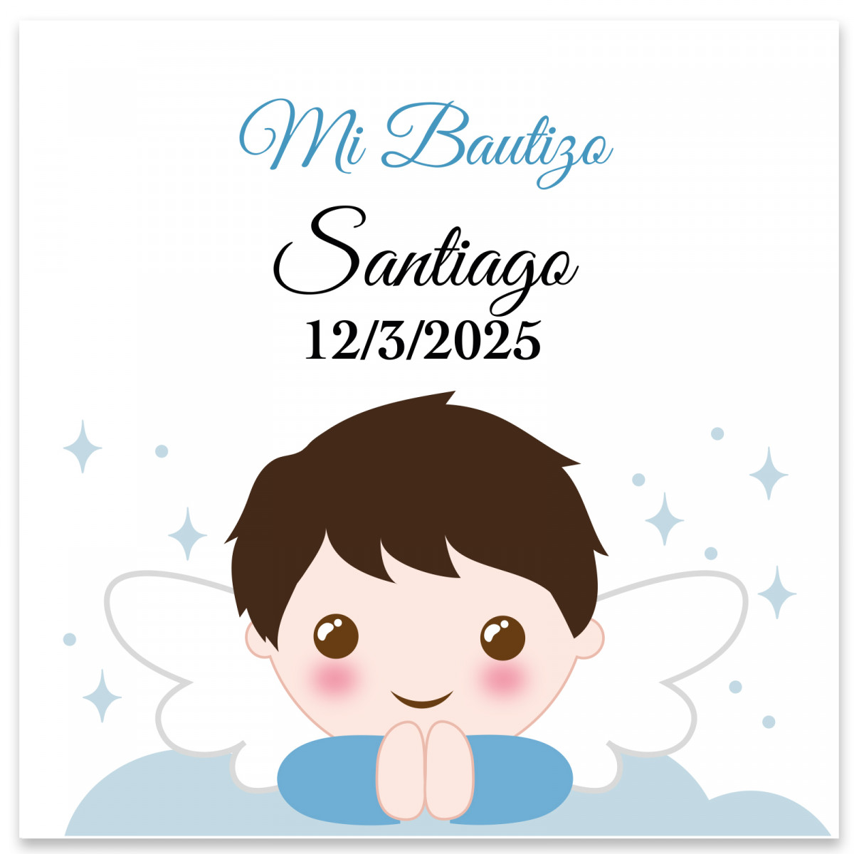 Adhesivo cuadrado 5x5 personalizable ángel niño para Bautizo