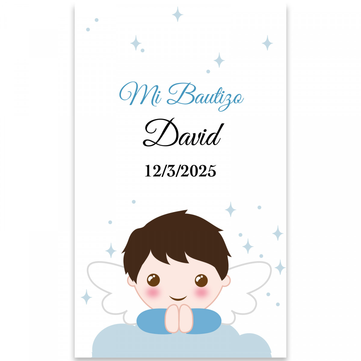 Adhesivo ángel niño 3x5 rectangular  personalizable para Bautizo