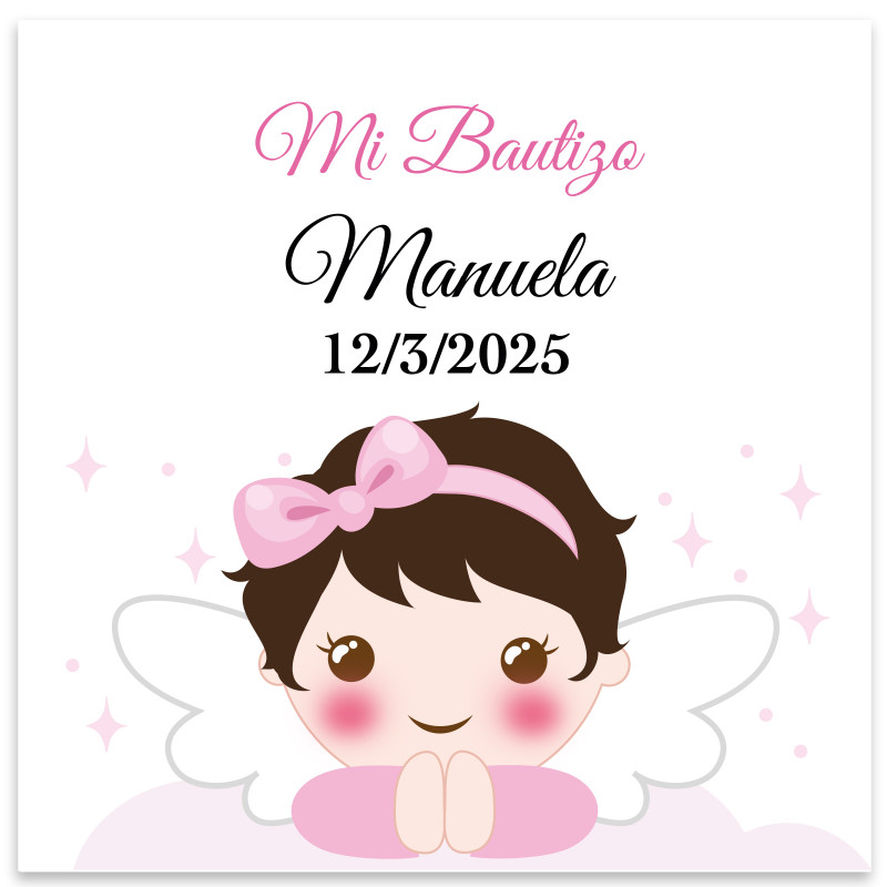 Adhesivo cuadrado 5x5 personalizable ángel niña para Bautizo