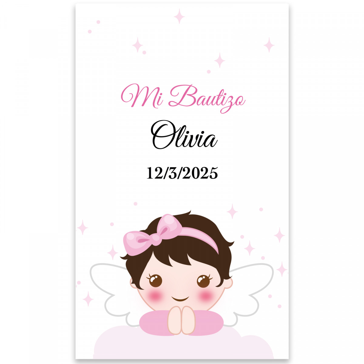 Adhesivo ángel niña 3x5 rectangular  personalizable para Bautizo