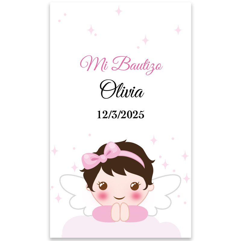 Adhesivo ángel niña 3x5 rectangular  personalizable para Bautizo