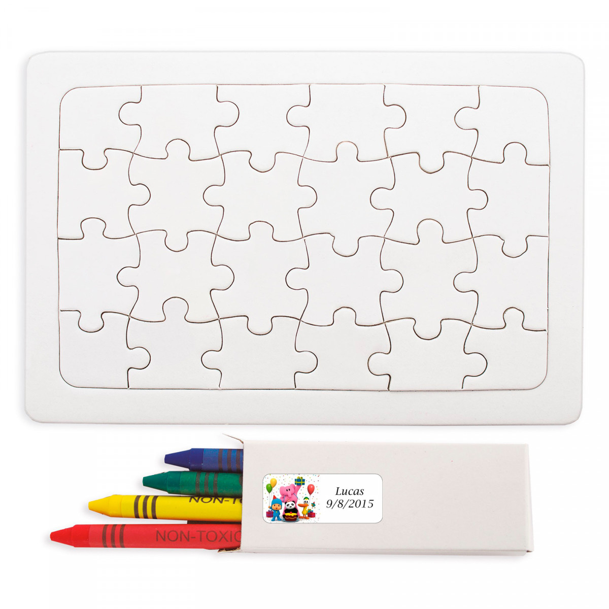 Puzzle con cera de colores para dibujar y adhesivo pocoyó personalizable para detalles