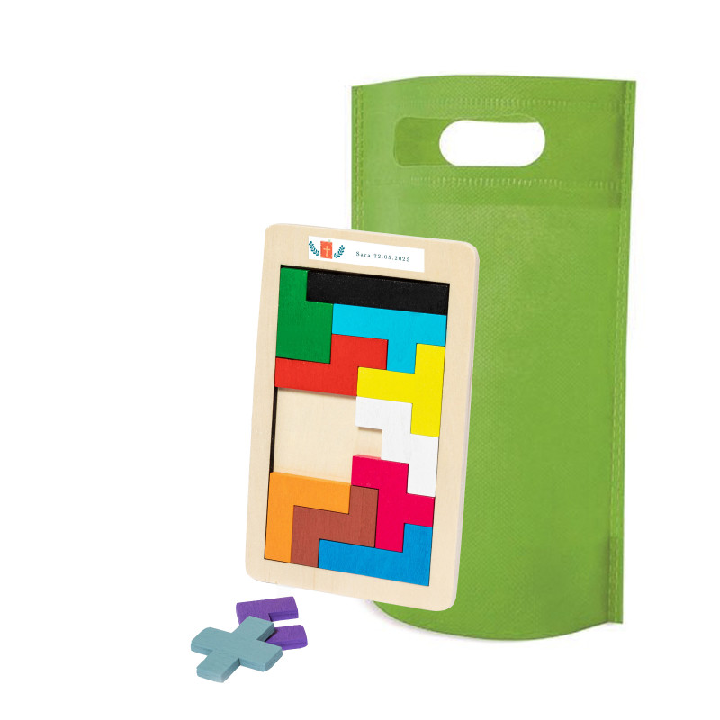 Puzzle tetris de madera personalizado para comunión con bolsa