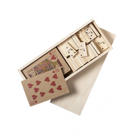 Juego de cartas y domino en estuche de madera personalizado con adhesivo para regalar