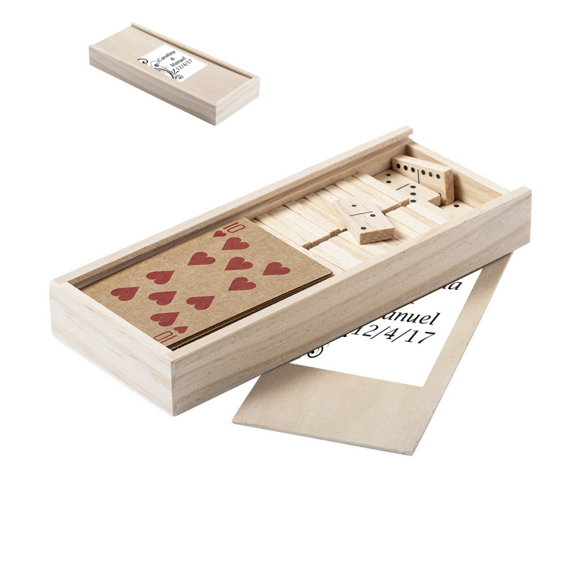 Juego de cartas y domino en estuche de madera personalizado con adhesivo para regalar