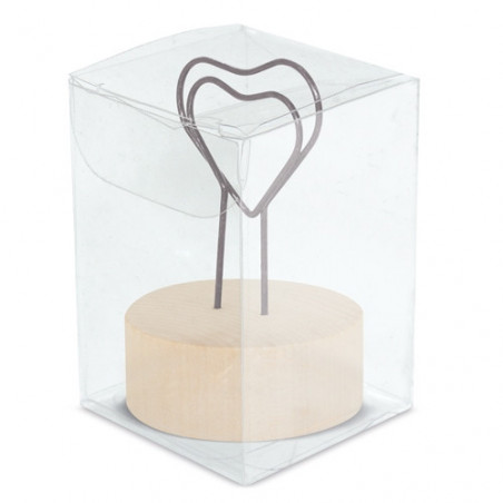 Clip de corazon con adhesivo personalizado en caja de acetato