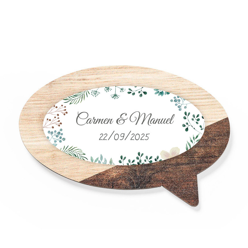 Imán de madera con adhesivo herbal personalizable para detalles boda