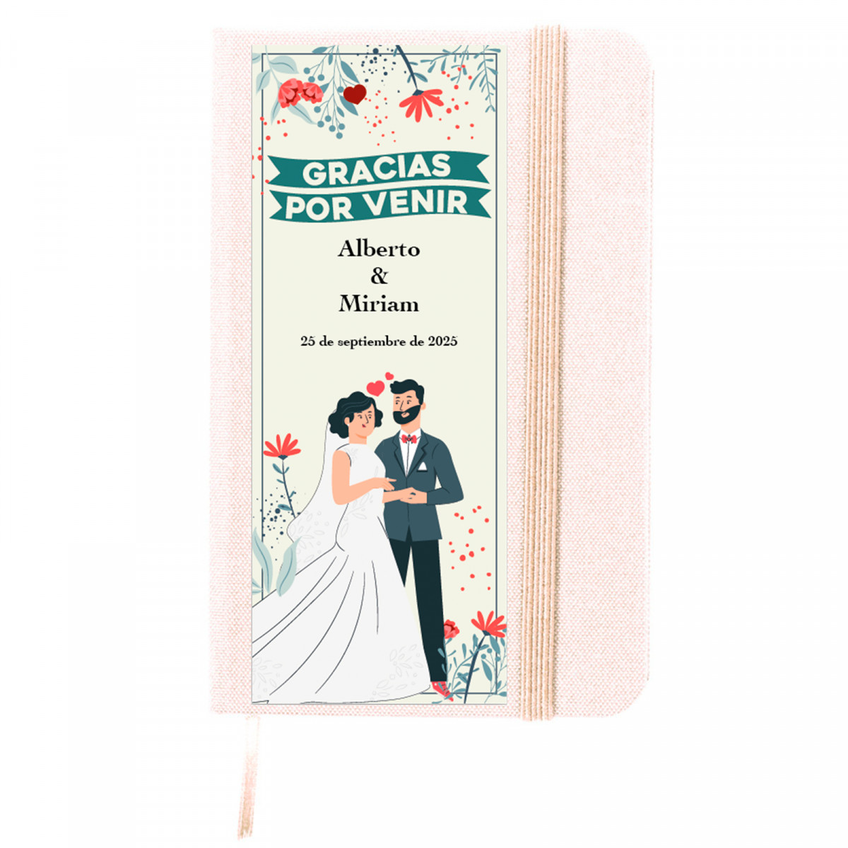 Libreta de notas con tapas rígidas y adhesivo de boda personalizable para detalles