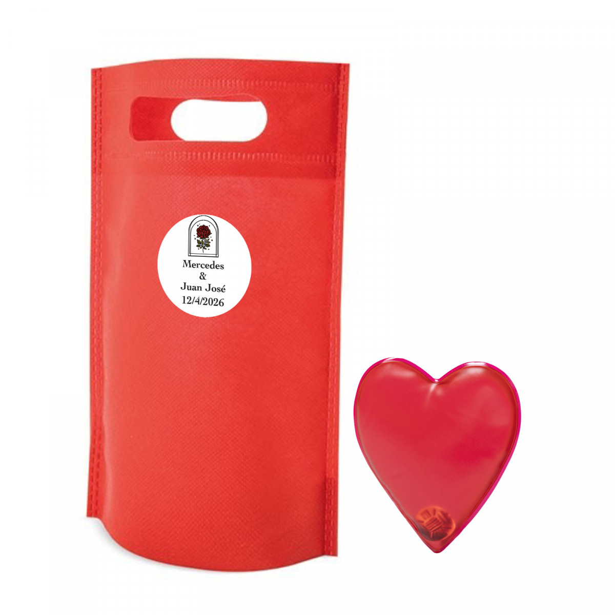 Calienta manos en forma de corazón rojo con bolsa y adhesivo personalizado