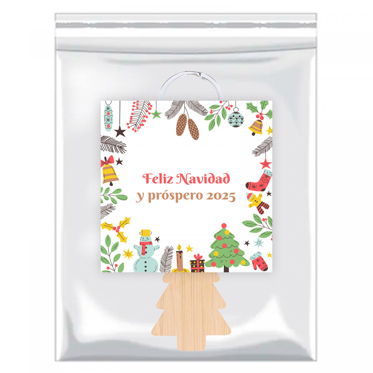 Llavero árbol de navidad de madera en bolsa con adhesivo navideño personalizable para detalles