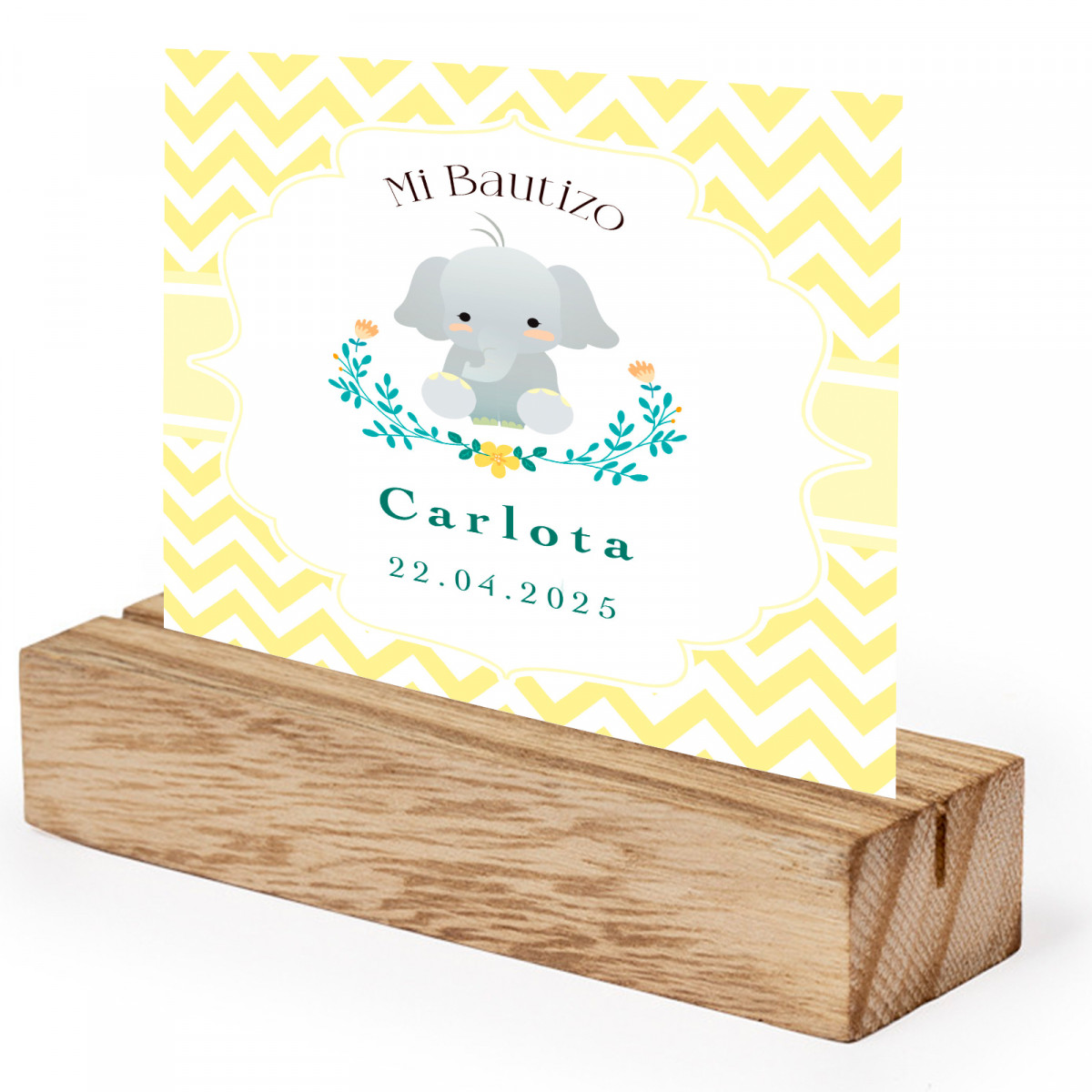 Soporte de mesa de madera con tarjeta recordatorio para decoración mesa bautizo