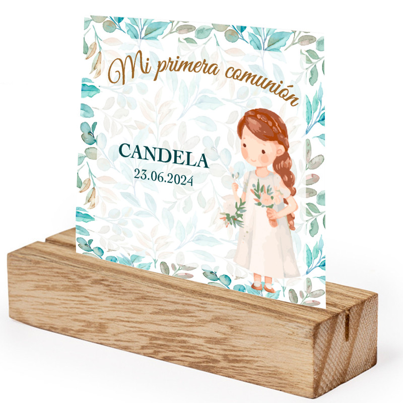 Soporte de madera con tarjeta personalizada para decoración mesa primera comunión