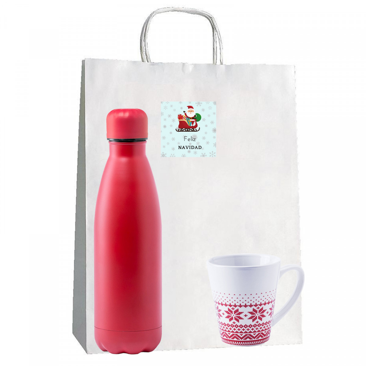 Botella roja y taza en bolsa para regalo de navidad