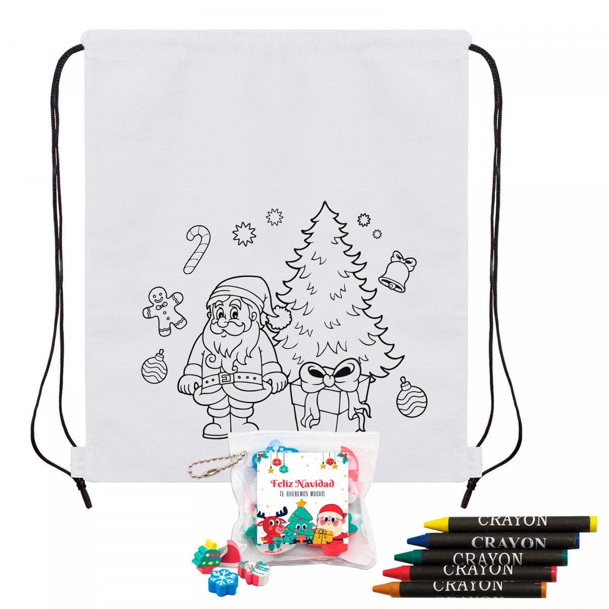 Mochila infantil navideña para colorear con ceras y gomas de borrar con adhesivo navideño para detalles