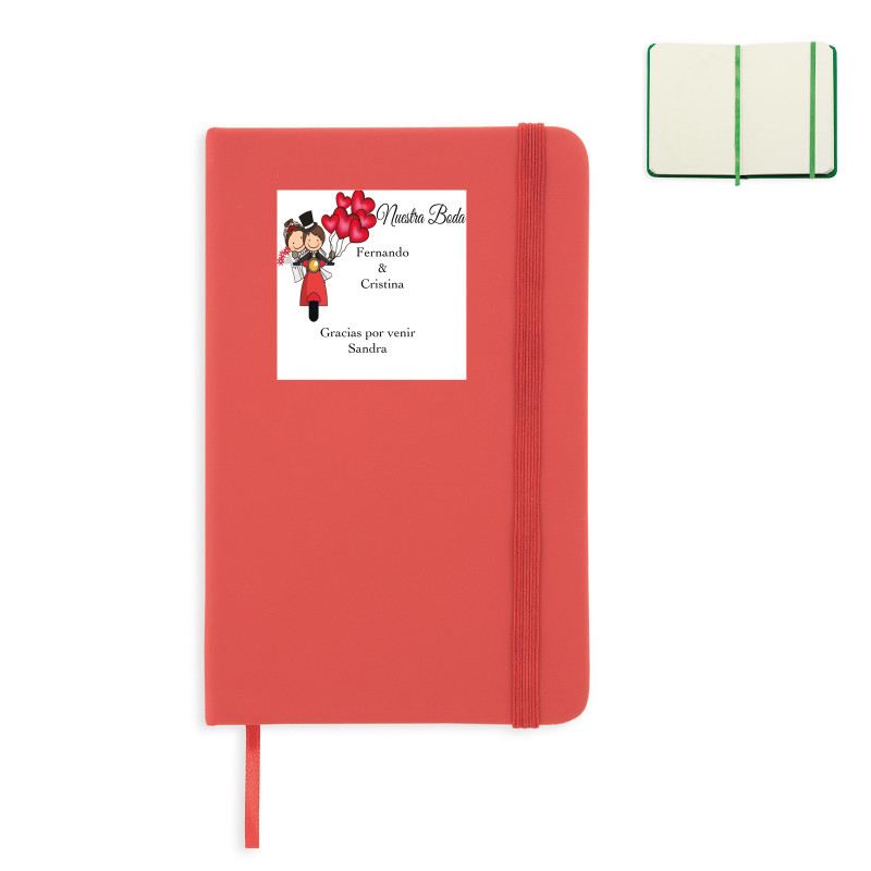 Libreta pequeña roja con adhesivo personalizado de boda