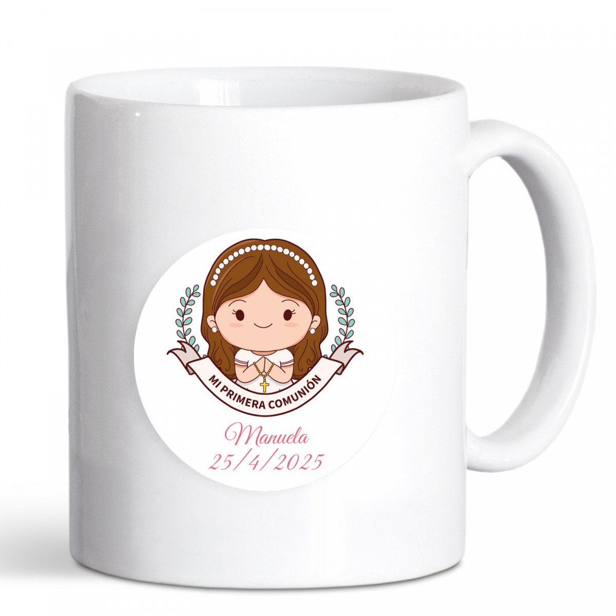 Taza con adhesivo primera comunión para detalles niña