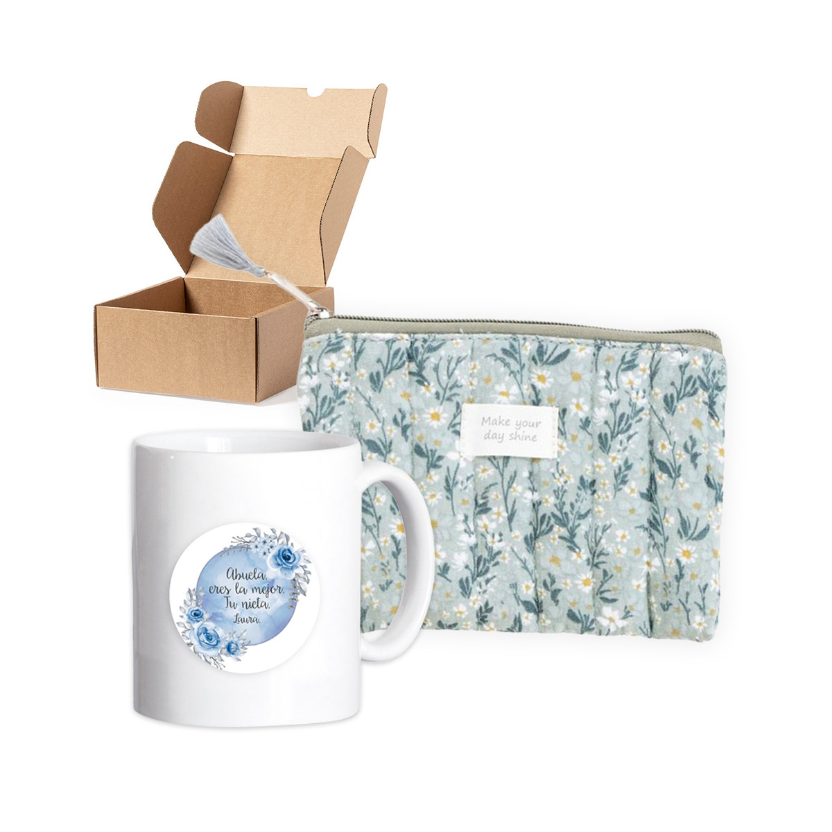 Neceser floral con taza personalizada presentado en caja para detalles